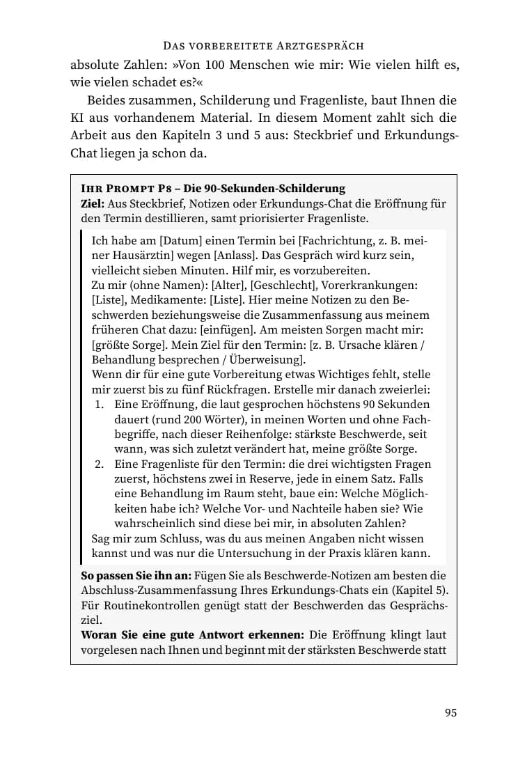 Seite 95: Gesprächsvorlage für eine 90-Sekunden-Schilderung und eine priorisierte Fragenliste.