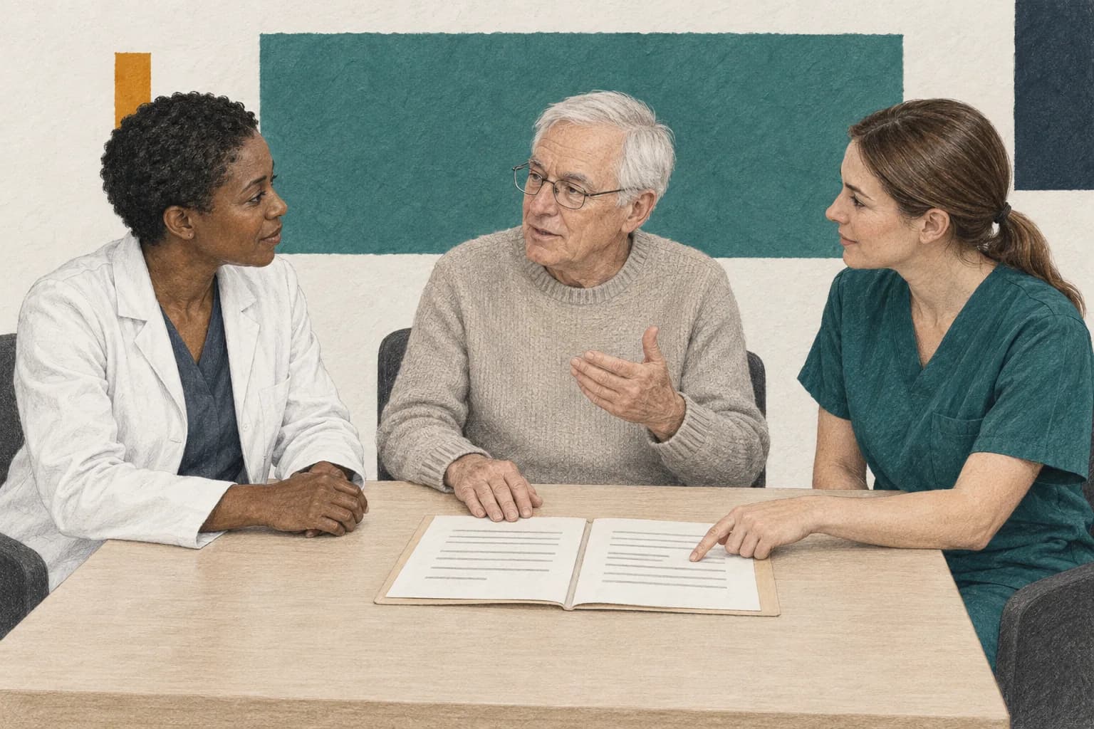 Un patient parle et fait un geste à table. Une médecin l’écoute tandis qu’une infirmière montre un passage dans le dossier papier commun.
