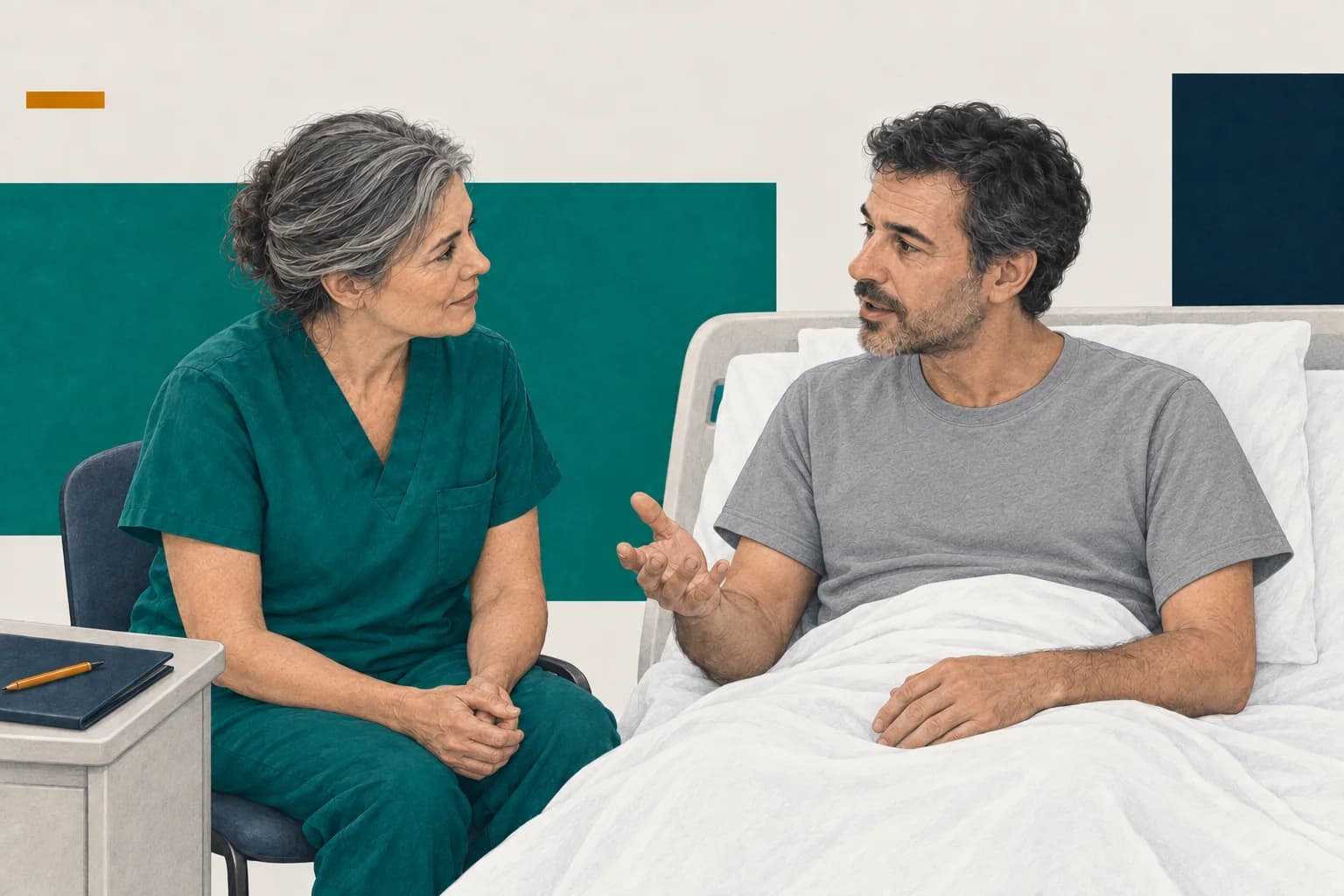 Ein Patient spricht und gestikuliert im Krankenhausbett. Eine Fachkraft in Dienstkleidung sitzt auf Augenhöhe neben ihm und hört zu. Die geschlossene Mappe liegt beiseite.