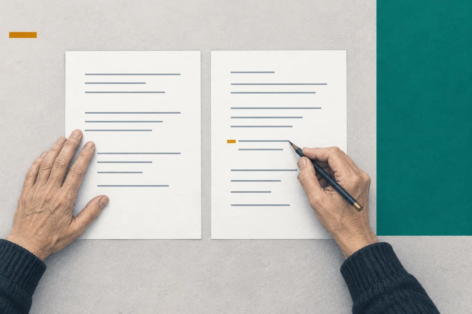 Deux documents sont placés côte à côte. Une main maintient la source, l’autre examine au crayon un détail signalé.