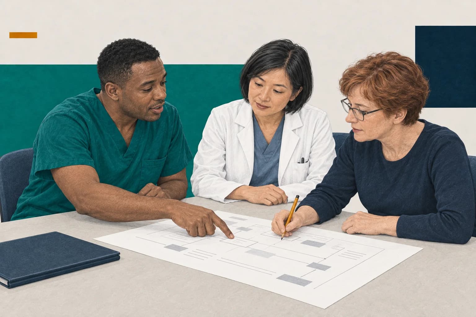 A nurse points to a shared working plan. A colleague records the point with a pencil while a doctor follows the same part of the plan.