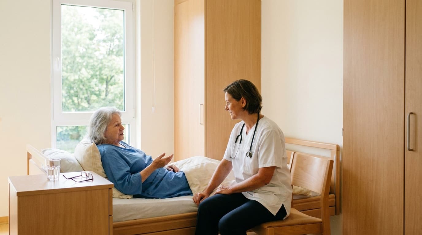 Symbolbild: Ärztin im ruhigen Gespräch mit einer Patientin am Krankenbett — Zeit für das Wesentliche