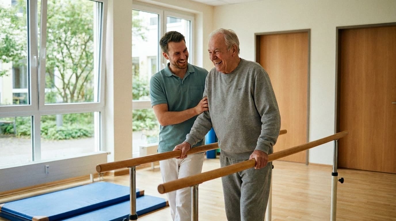 Symbolbild: Physiotherapeut begleitet einen älteren Patienten am Übungsbarren — beide lachen