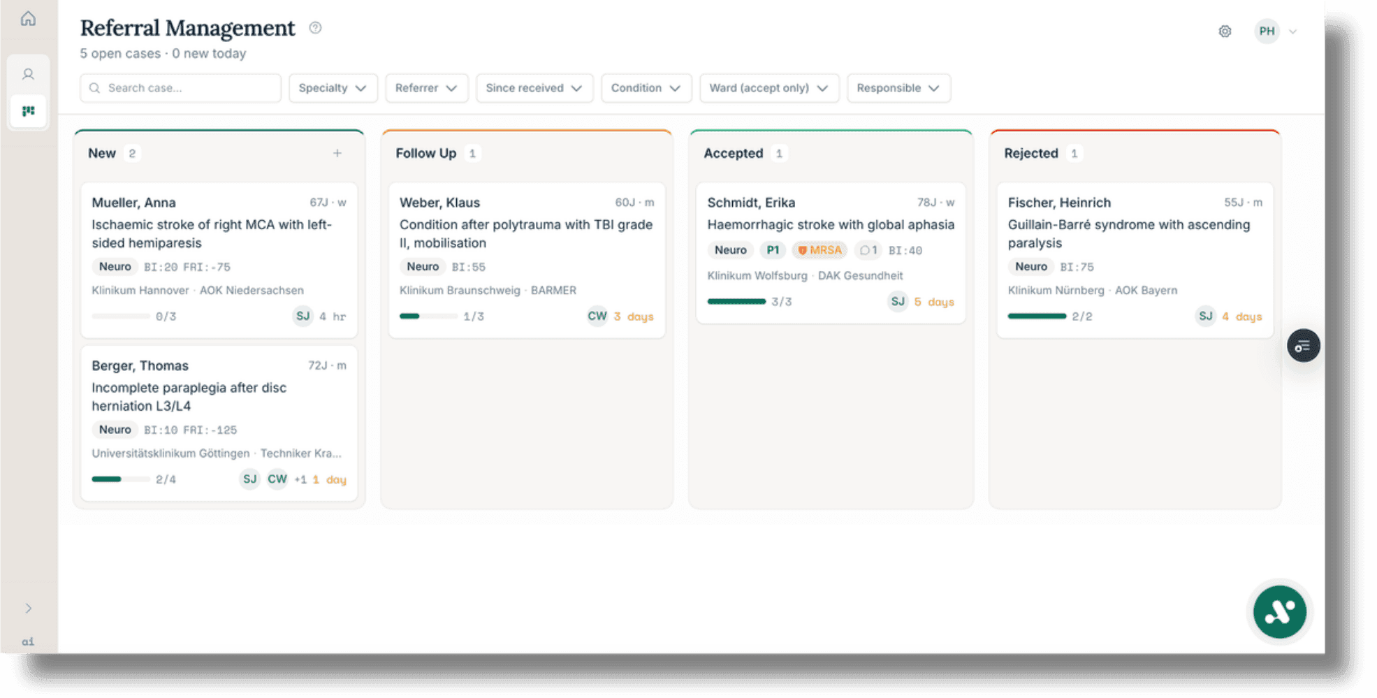 Admission management in aiomics: referrals in four columns (New, Follow up, Accept, Reject), with document status and assigned team members.