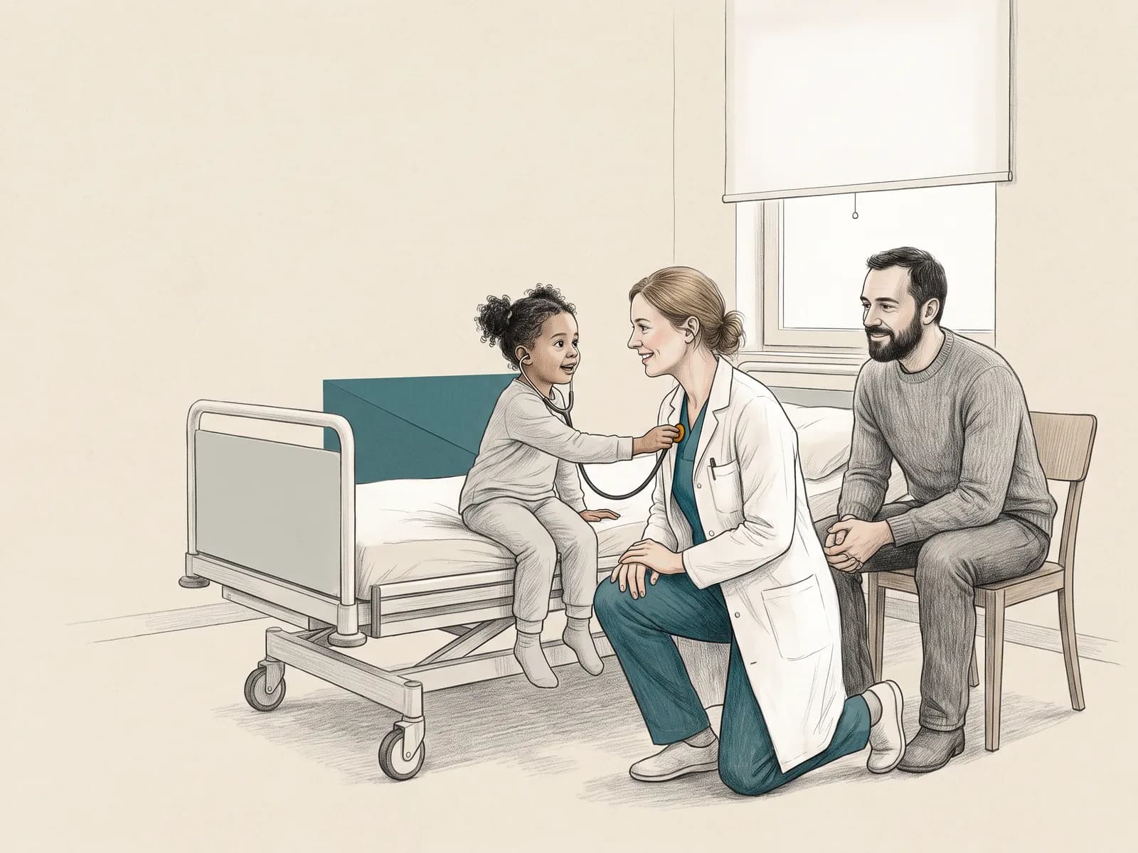 A paediatrician kneels at eye level with a girl sitting on a hospital bed, who listens to the doctor’s heartbeat through the stethoscope while her father watches.