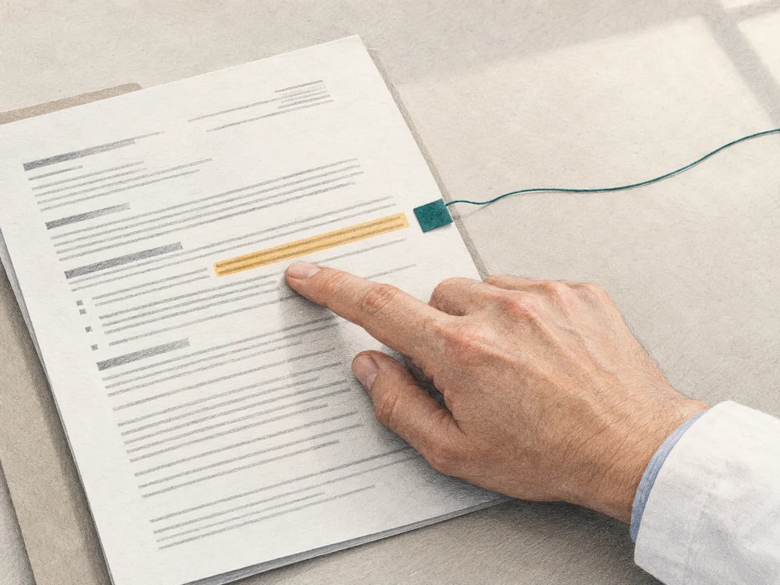 A hand points at a highlighted passage in a printed prior report, a small source marker beside it.