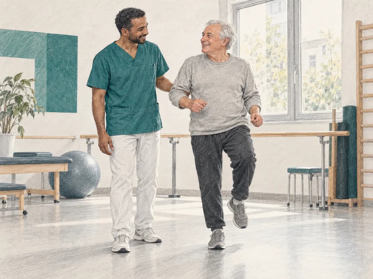 Ein Arzt und ein älterer Patient lachen gemeinsam während einer Übung im Therapieraum einer Rehaklinik.
