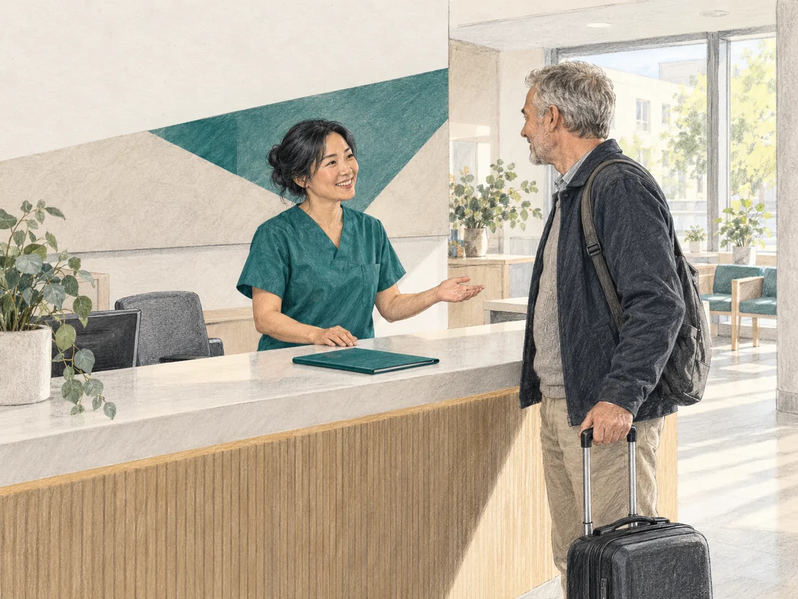 Morning at a rehabilitation clinic: a nurse welcomes a patient with a suitcase at reception.