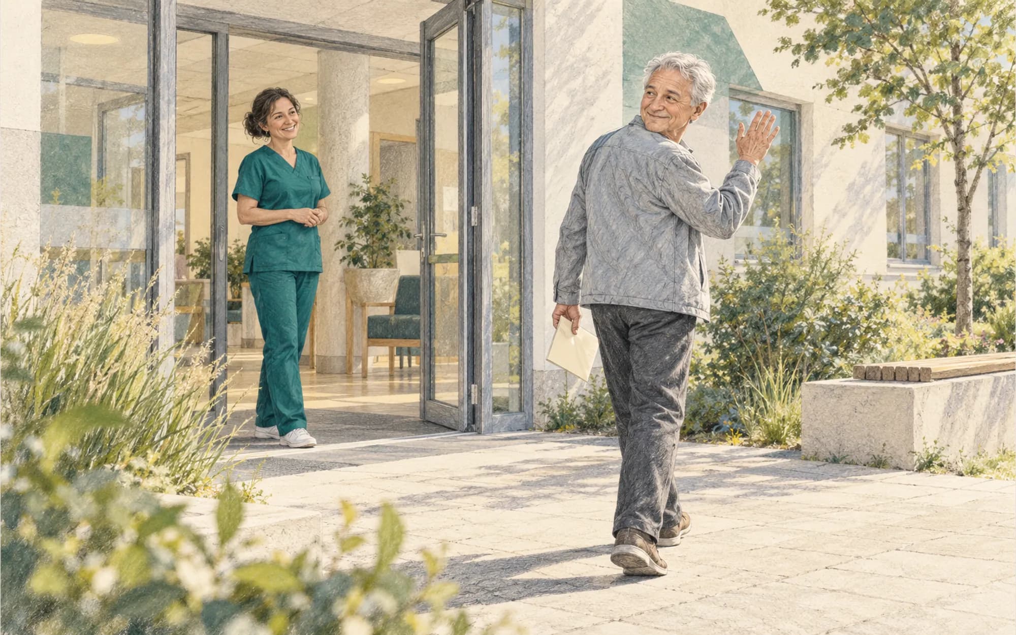 Un patient quitte la clinique, sa lettre de sortie à la main, et salue une infirmière.