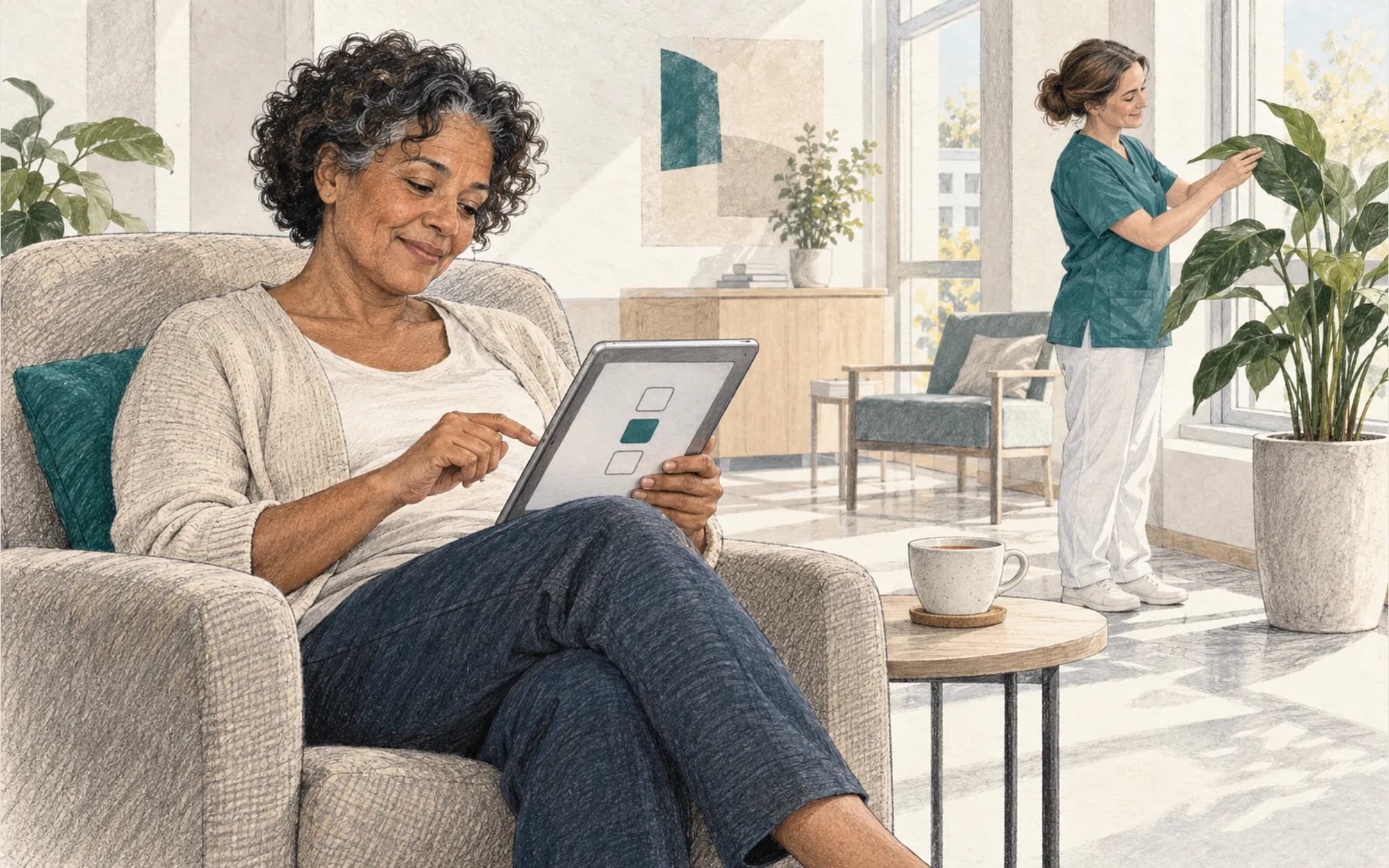 A patient answers a questionnaire on a tablet in the lounge of a rehabilitation clinic.