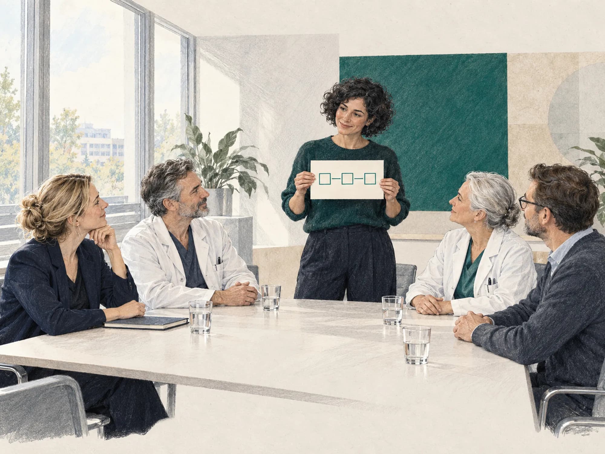 Hospital leaders and chief physicians around a table; a facilitator holds up a card with a single workflow.