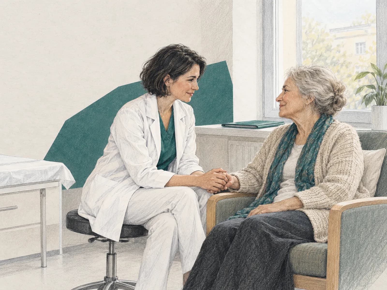 A physician sits at eye level beside an older patient and holds her hand.